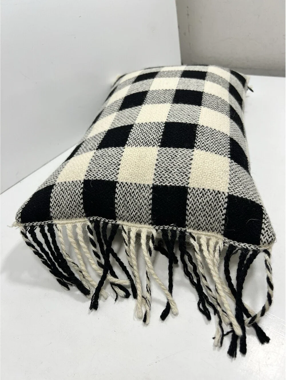 Ralph Lauren Cold Spring Alpaca Black Cream Fringed Decorative Pillow 12x18 Wool